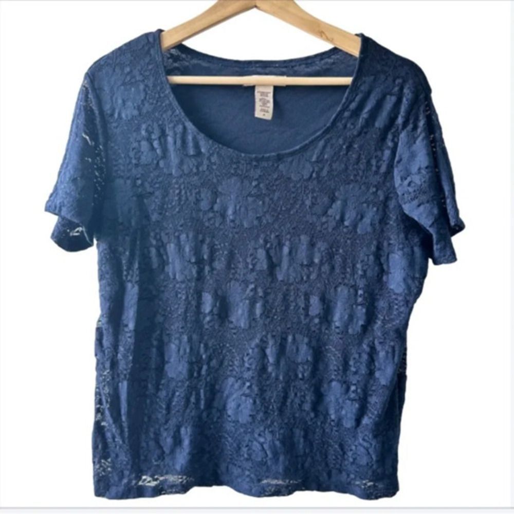 Vintage Navy Blue Lace Lined Blouse Medium Stretchy coastal grandma office